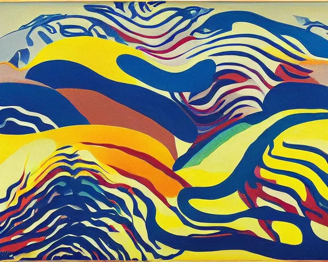 Prompt: A wild, insane, modernist landscape painting. Wild energy patterns rippling in all directions. Curves, organic, zig-zags. Saturated color. Mountains. Clouds. Rushing water. Wayne Thiebaud. Charles Burchfield. Zao Wou-ki.