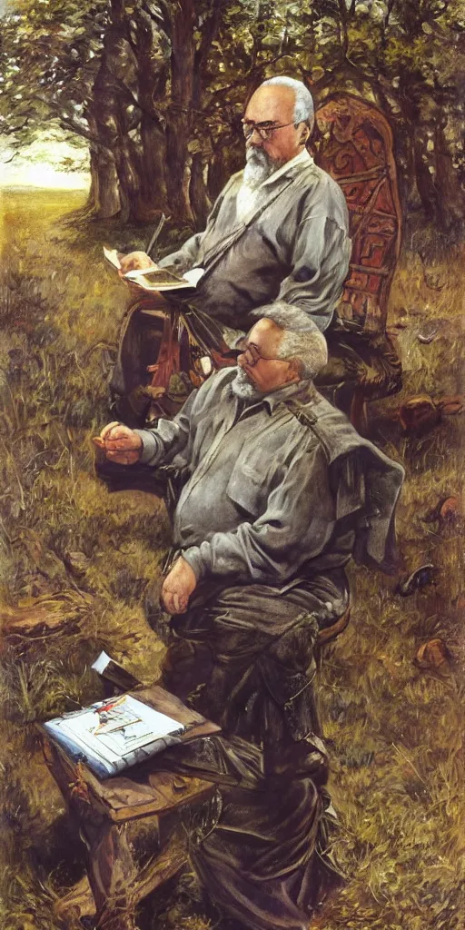 Image similar to sits Gary Gygax Gary Gygax plays dungeons and dragons in the middle of a field, game dungeons and dragons, Rye (Shishkin), painting by Ivan Shishkin, Ernest Gary Gygax face, photo by Gary Gygax, painting by Valentin Serov, oil painting, hyperrealism, beautiful, high resolution,