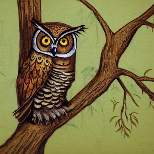 Prompt: owl with transverse flute sitting on a tree, concept art