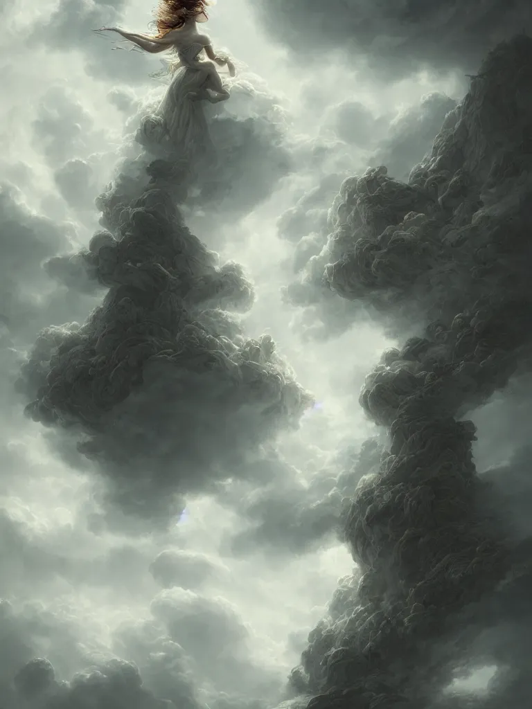 Prompt: fashion model in the clouds, made out of clouds, dramatic, intricate, elegant, highly detailed, digital painting, artstation, concept art, smooth, sharp focus, illustration, art by gustave dore, octane render, in the style of peter mohrbacher