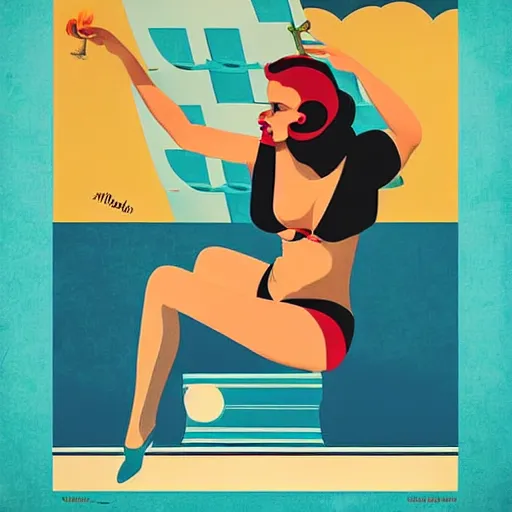 Image similar to retro poster with a painting of a woman in a bathing suit sitting on a boat, an art deco painting by tom whalen, trending on behance, art deco, digital illustration, storybook illustration, art deco, flat shading, vector art, airbrush