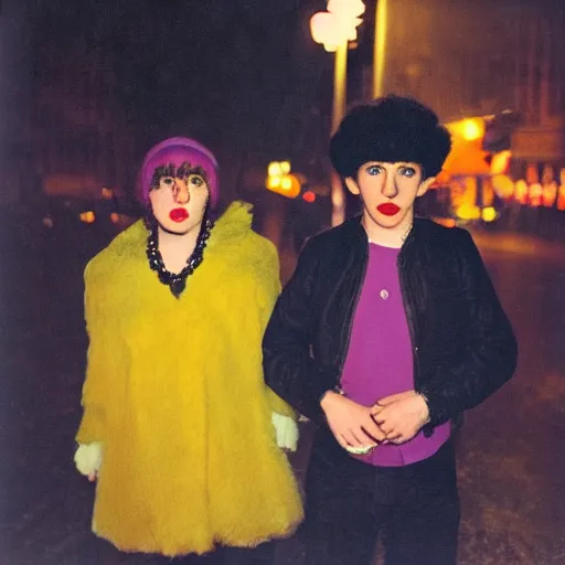 Prompt: night color flash portrait photography of punks on the lower east side by diane arbus, colorful!!, nighttime!, raining!