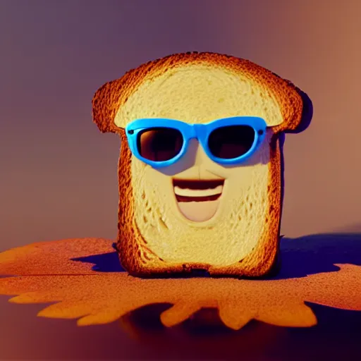 Prompt: a cute toast with black sunglasses and a blue flower on the top right corner, pixar, render, 8k