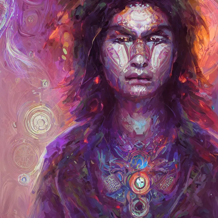 Image similar to portrait of a future metaverse ayahuasca tech shaman warrior, 2 d cartoon, visionary art, symmetric, magick symbols, holy halo, shipibo patterns, sci - fi, concept art, trending on art station, 8 k digital art, by mandy jurgens, fantasy portrait art, anime