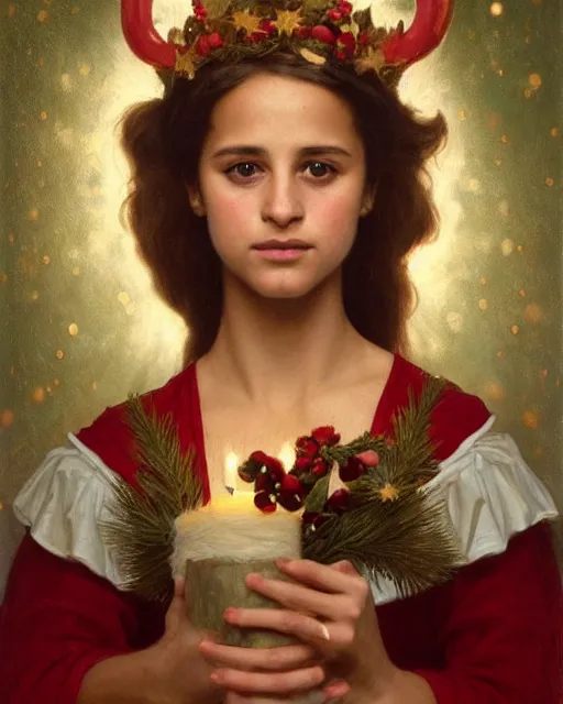 Image similar to a shadowy portrait painting of a shy 1 6 - year old alicia vikander as santa lucia at christmas wearing a holly wreath as a crown with candles, lit only by candlelight in the darkness, intricate, elegant, highly detailed, artstation, concept art, by krenz cushart and donato giancola and william adolph bouguereau and alphonse mucha