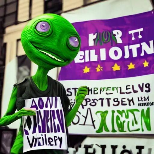 Image similar to a one eyed green and purple alien holding up a political poster about aliens in front of his body, its expression is indifferent, the edges have a stylistic blur, photorealistic, high - res, incredibly detail, vortex