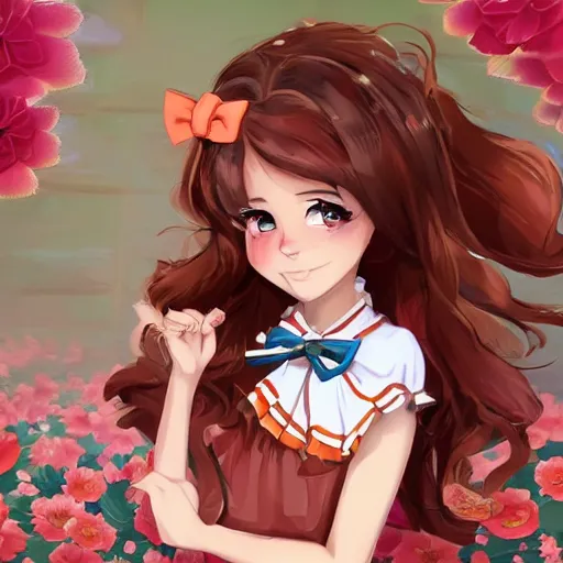 Prompt: 1girl ascot bare_shoulders bow brown_eyes brown_hair close-up floral_background frilled_bow frilled_hair_tubes frills hair_between_eyes hair_bow hair_tubes long_hair orange_ascot pink_background red_bow shirt sleeveless sleeveless_shirt solo