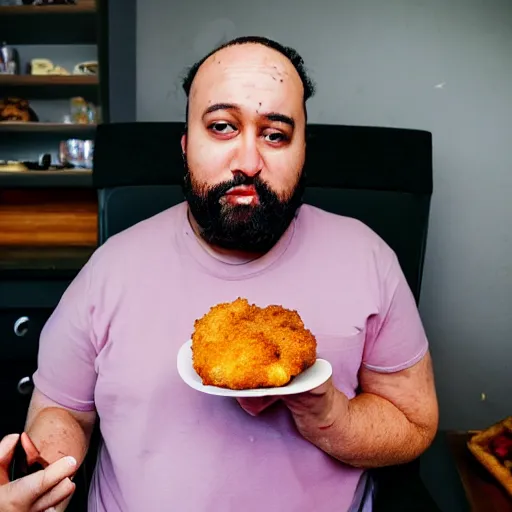 Prompt: a man about to eat a chicken nugget with pink sauce on it