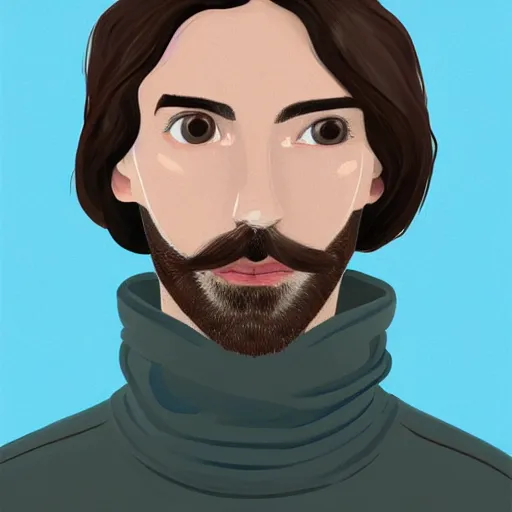 Image similar to gangly man with short light brown wavy hair, light brown stubble beard, no mustache, English heritage, blue eyes, middle aged, wearing a turtleneck and jacket, pale skin, narrow face, digital art, painterly, cartoon, cute, 8k, illustration, art by loish, painterly, trending on artstation, medium shot, uncropped