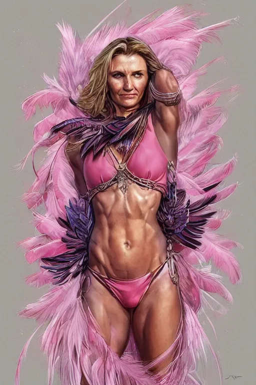 Image similar to muscled Cameron Diaz as a ruggedly handsome hero wearing pink feathers, intricate, elegant, tasteful, highly detailed, centered, digital painting, artstation, concept art, smooth, sharp focus, illustration, art by artgerm and donato giancola and Joseph Christian Leyendecker, WLOP