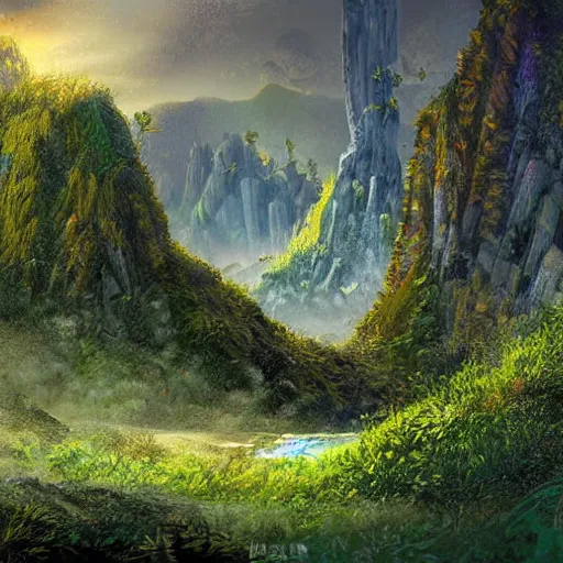 Image similar to digital art of a lush natural scene on an alien planet by dan volbert. beautiful landscape. weird vegetation. cliffs and water.