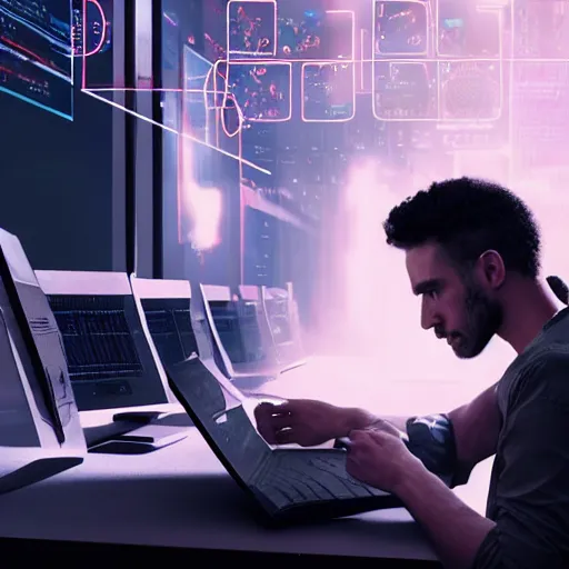 Image similar to a programmer at the table in front of a computer with multiple screens, long lines of code, IT, matrix style, 4k, ultra details, cinematic, epic style, beautiful photo, hyper realistic, octane render, unreal engine, award winning, on artstation, volumetric lightning, dramatic lights, masterpiece,