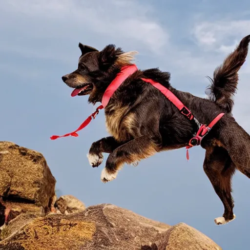 Image similar to a hairy dog jumping from a cliff with a parachute