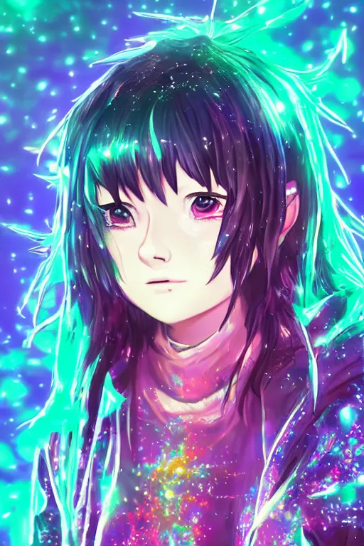 Prompt: portrait of arya stark as a 3d anime character with cute sparkly eyes wearing a psychedelic holographic hoodie long hair with pastel colors in the style of code vein by Kurumi Kobayashi Koichi Itakura, 3d anime, octane render, dynamic dramatic lighting with glitch and chromatic abbreviations artstation cgsociety imaginefx by anime concept artist rendered in unreal engine by WENJR WLOP artgerm