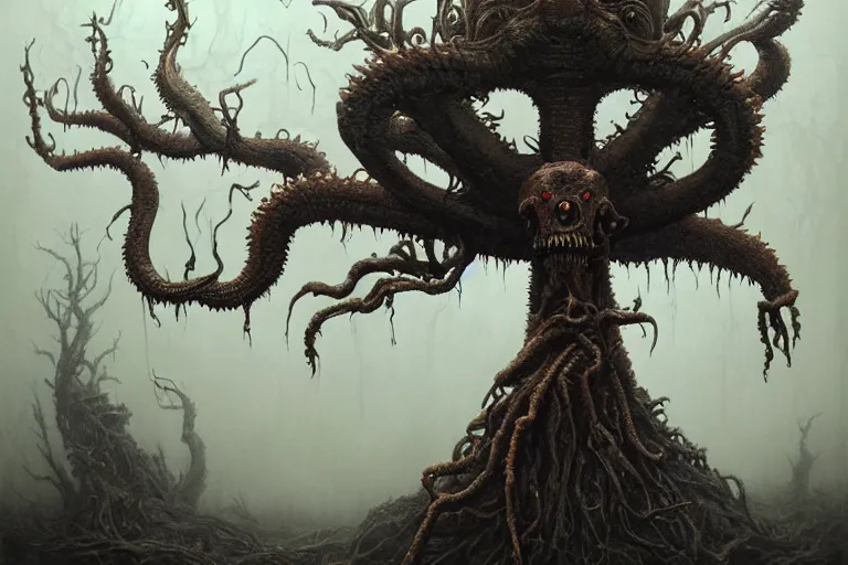 Prompt: Haunting horrifying hyperrealistic detailed painting of a demonic Lovecraftian creature sitting atop a giant throne of branches in a foggy hellscape, dystopian feel, heavy metal, disgusting, creepy, unsettling, in the style of Michael Whelan and Zdzisław Beksiński, lovecraftian, hyper detailed, trending on Artstation