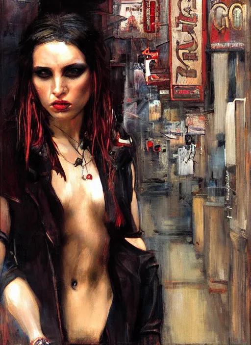 Image similar to androgynous glam rocker outside cbgb in the style of phil hale, sfumato Orientalist portrait by john william waterhouse, moebius oil on canvas. Cinematic, hyper realism, realistic proportions, dramatic lighting, high detail 4k