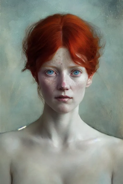 Prompt: of beautiful redhead female, beauty portrait by greg rutkowski, hilma af klint, moebius, victo ngai, sharp focus, global illumination, highly detailed, masterpiece, award winning, post processing