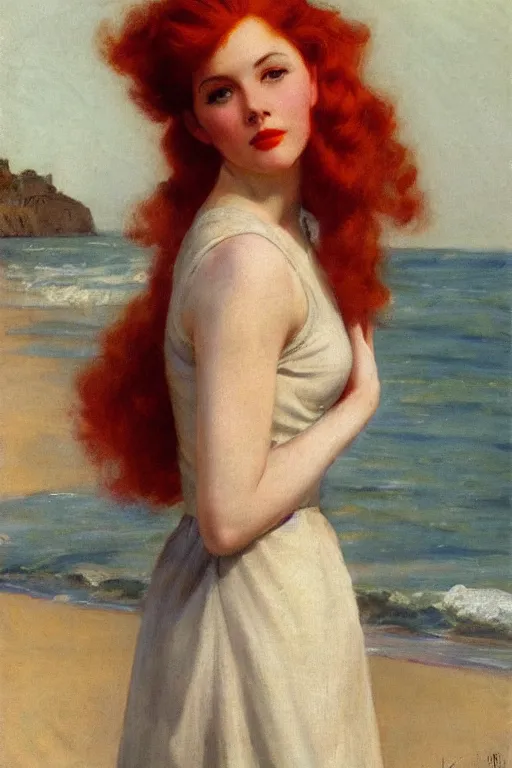 Prompt: a red haired girl beach vittorio matteo corcos