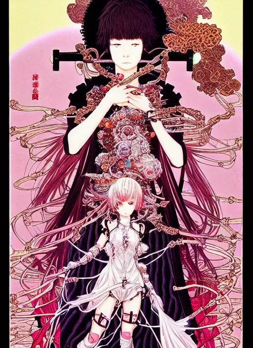 Image similar to highly detailed fate artstation katsuhiro otomo fluorescent fantastic fate manga poster of princess mechine, minaba hideo, takato yamamoto, long hair, armor, laces, ruffles, 8 k, maximalist, art nouveau,