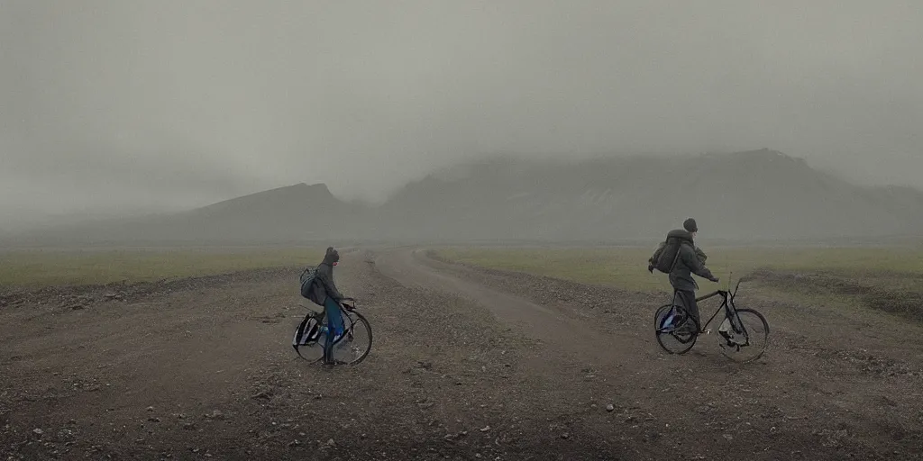 Image similar to A digital painting by Simon Stålenhag of a person on a touring bike on a gravel road of Iceland. The bike has a rack with saddlebags mounted. Around the road there are monumental old ruins tower of a dark misty forest,overcast, sci-fi