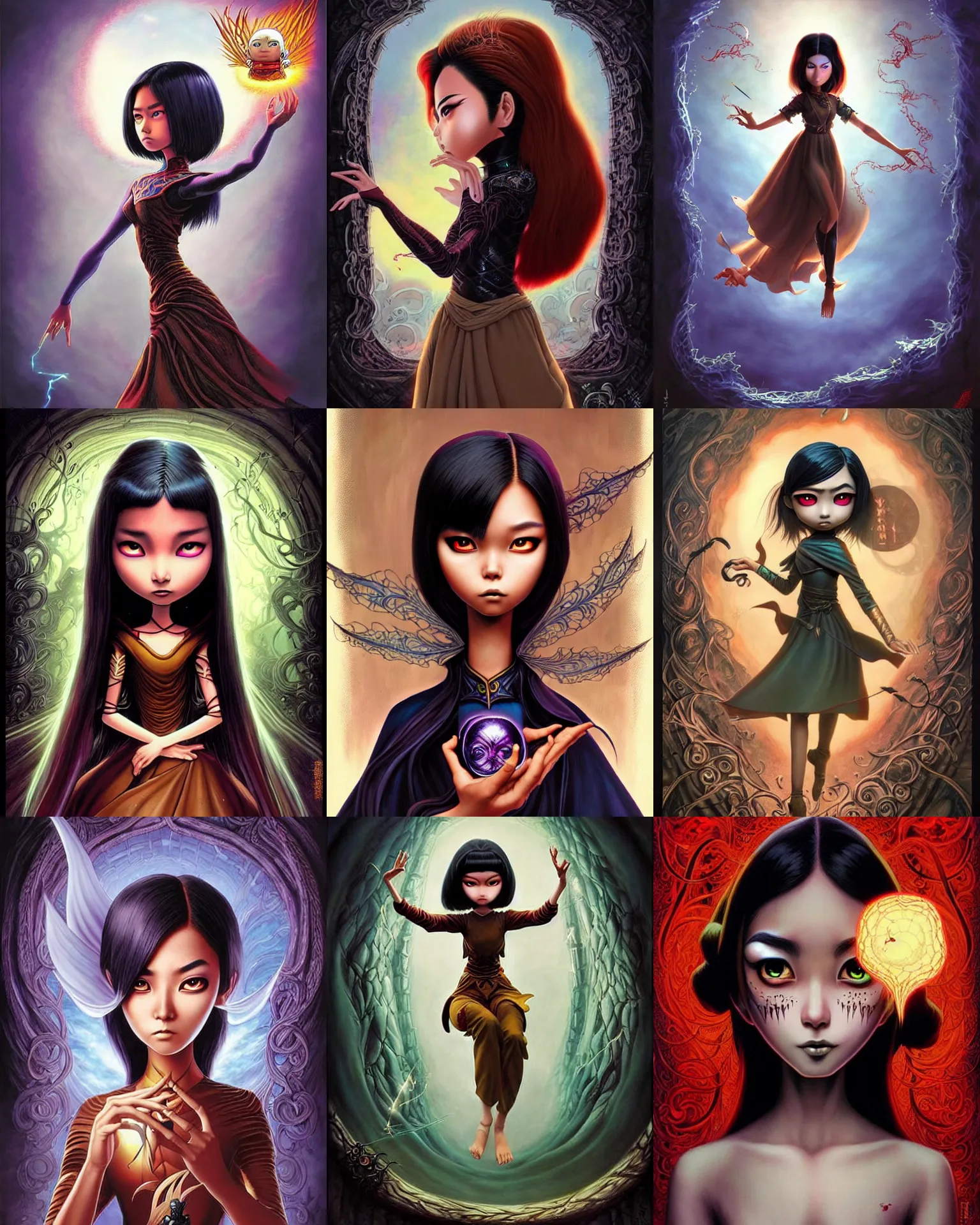 Prompt: an epic fantasy comic book style painting of a young malaysian woman, flying telekinesis magician, lace, expressive, dark piercing eyes, tan skin, beautiful futuristic hair style, awesome pose, character design by mark ryden pixar hayao miyazaki, ue 5
