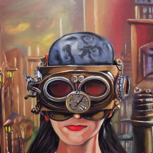 Image similar to steampunk girl in steampunk goggles and a steampunk helmet on the background of a steampunk city, Painting, Canvas, Paint, Acrylic Paint