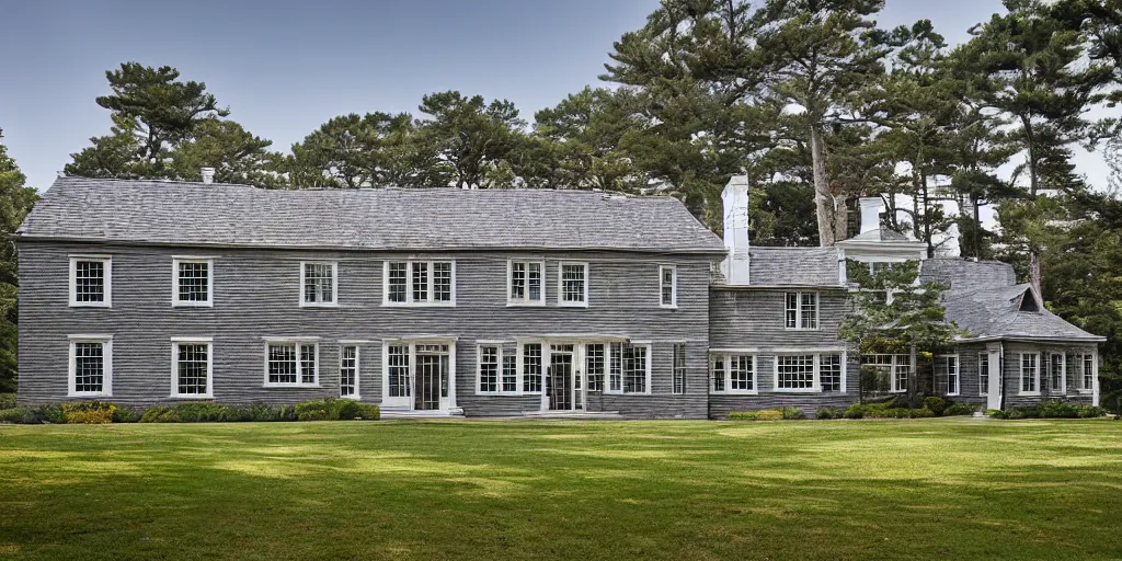 Image similar to grey brick wooden cape cod with pine trees and tile white black mansion by mcalpine house, by jackson & leroy architects