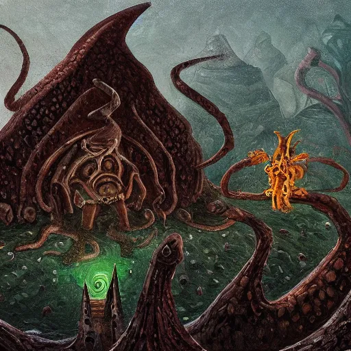 Image similar to a village built on the god of nyarlathotep, toad - like creatures that seemed to change their shape and appearance constantly, and from which emanated, in some way that i am unable to distinguish, a horrible hooting, a kind of flute. oil painting, digital art, ultradetailed, artstation