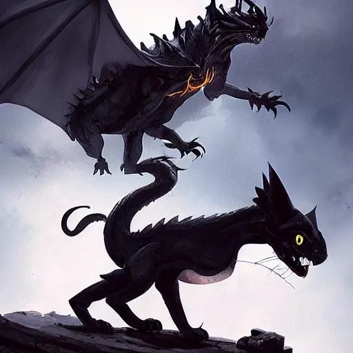 Prompt: a roborovski facing up to a black cat dragon, by greg rutkowski