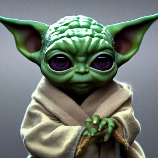 Image similar to full body pose, hyperrealistic photograph of baby yoda in a bikini, dim volumetric lighting, 8 k, octane beautifully detailed render, extremely hyper detailed, intricate, epic composition, cinematic lighting, masterpiece, trending on artstation, very very detailed, stunning, hdr, smooth, sharp focus, high resolution, award, winning photo, dslr, 5 0 mm