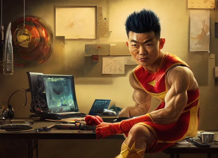 Image similar to an insanely detailed painting of an asian man wearing a homemade superhero costume, sitting at a desk, staring seriously at the computer and typing, in the style of peter mohrbacher, james jean, artgerm, dramatic lighting and composition, surreal background, octane render, pixar, trending on artstation, concept art, comic book, view from behind, 8 k