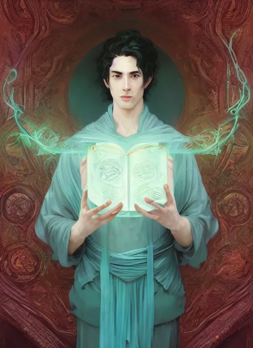 Image similar to character concept portrait of an attractive young focused Spanish wizard with pale teal skin enchanting a rain spell, a floating iridescent spell book in the center, intricate, elegant, digital painting, concept art, smooth, sharp focus, illustration, from Metal Gear, by Ruan Jia and Mandy Jurgens and William-Adolphe Bouguereau, Artgerm