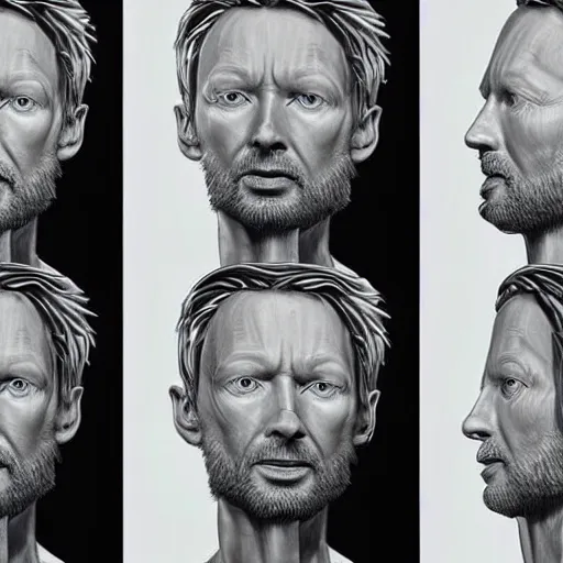 Image similar to collages, hyper realistic, many variations portrait of very old thom yorke, face variations, singer statue of ultron by jama jurabaev, very long shot, trending on artstation, high quality, brush stroke, for aaa game,