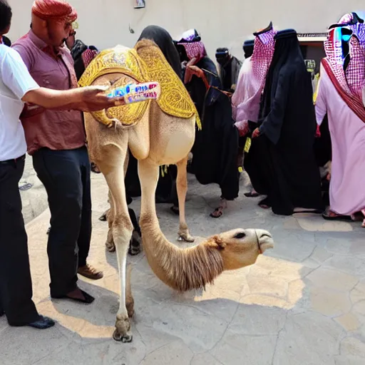 Image similar to camel stealing an ice cream from the hands of a saudi arabian prince