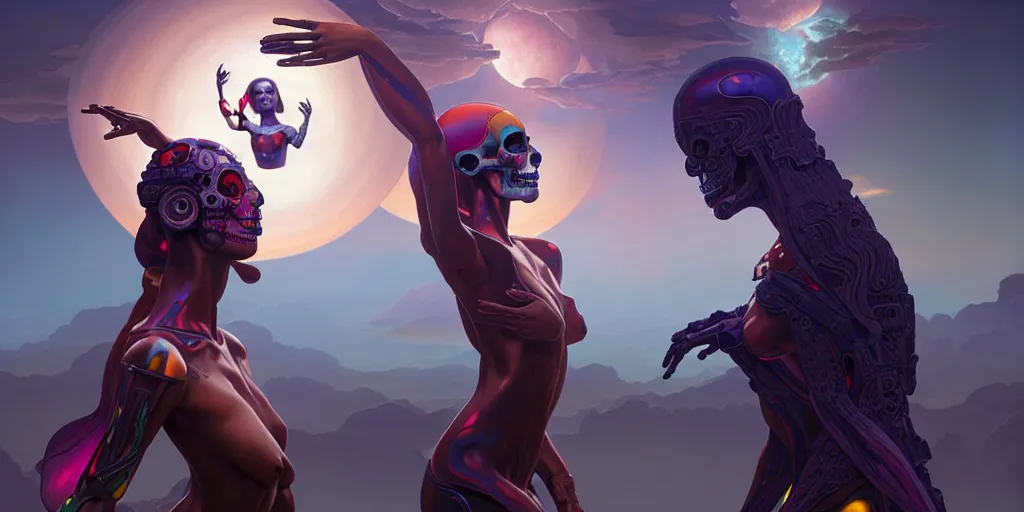 Image similar to the creation of adam, ultra detailed female android deity, scifi, octane render, ( dia de los muertos ), matte painting, asymmetrical, intricate concept art, triadic color scheme, art by artgerm and michelangelo and dzo and greg rutkowski and alphonse mucha and wlop