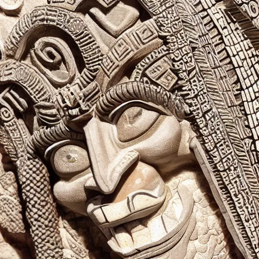 Image similar to Diorama of Aztec god Quetzalcoatl, intricate detail, macro 50 mm