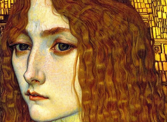 Image similar to detailed realistic beautiful young medieval queen face portrait by jean delville, gustav klimt and vincent van gogh, art nouveau, symbolist, visionary, gothic, pre - raphaelite, muted earthy colors, desaturated