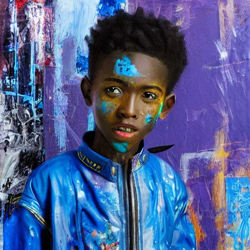 Image similar to a realistic painting of an african kid with cyberpunk and afrofuturist blue clothes, highly detailed, afrofuturist, cyberpunk, photorealistic.