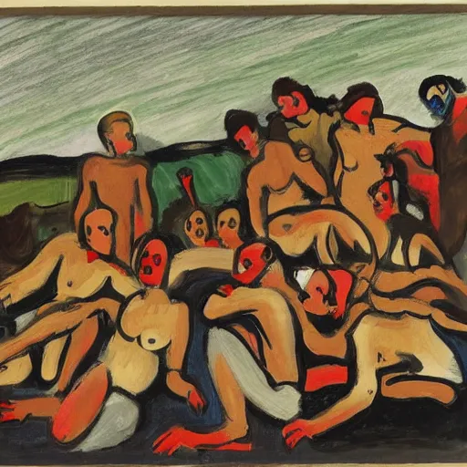 Image similar to hideous by kees van dongen kodachrome. drawing. a group of people gathered around a fire. they are all looking up at the night sky, where a bright star is shining