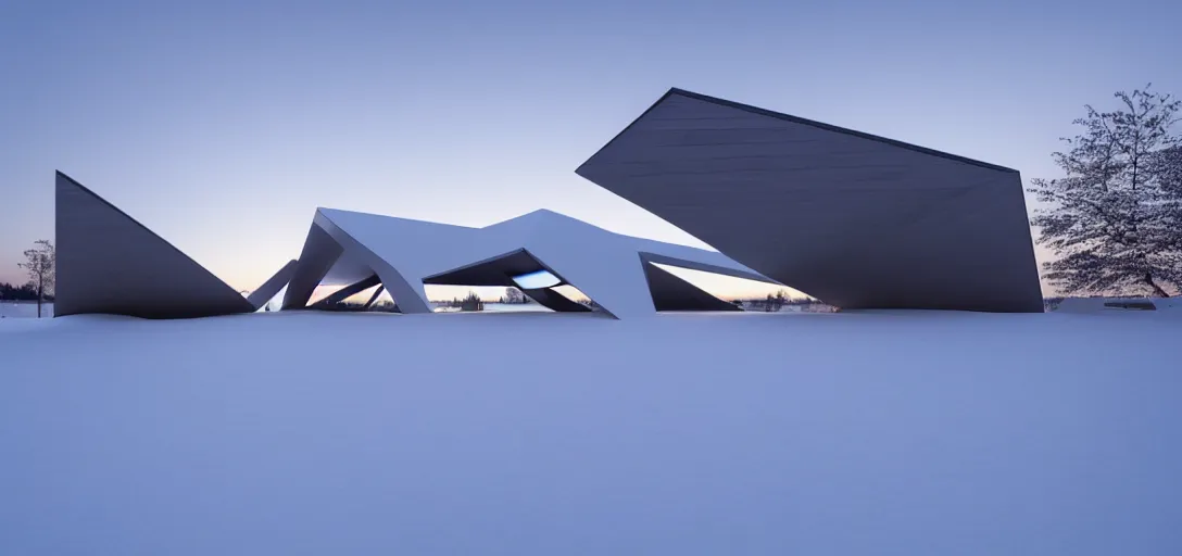 Prompt: faceted roof planes lift and descend creating shade and architectural expression, highly detailed, situated in snow, next to a highly reflective lake, at dusk, vivid color