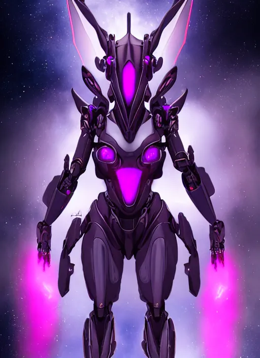 Image similar to cinematic goddess full shot, beautiful stunning hot anthropomorphic robot mecha female dragon, sleek dragon head, metal ears, led purple eyes, smooth fuschia skin, smooth silver armor, floating in space, holding a galaxy, epic proportions, epic size, epic detail, furry art, dragon art, giantess art, warframe fanart, furaffinity, octane