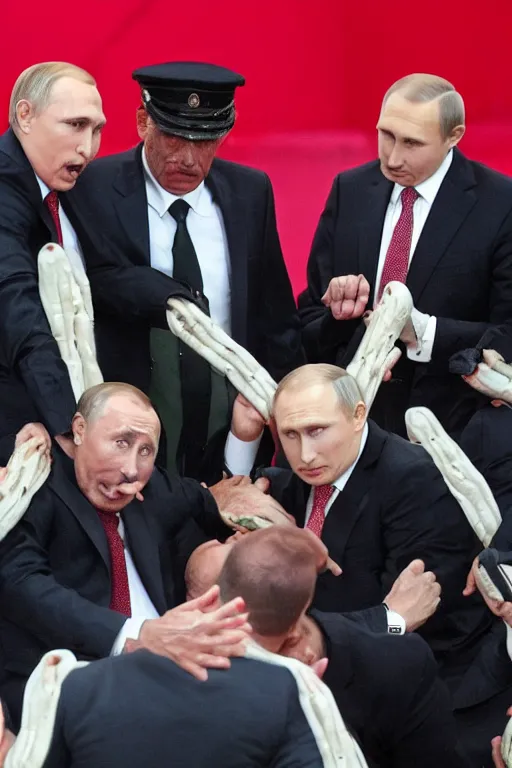 Image similar to human centipede with lukashenko putin gaddafi in roles