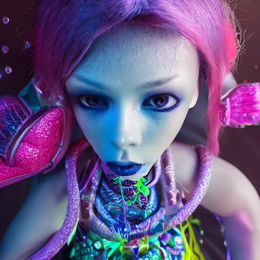 Prompt: Ethereal, mysterious stunning maximalist mesmerizing cyberpunk girl named Dora The Explorer from the rainbow sky paradise, high-tech, professional high fashion model photo shoot, hyperdetailed by Mark Ryden and artgerm and Hiroyuki-Mitsume Takahashi, 35mm macro shot, hyperrealism, 8k resolution 3D, cinematic, dynamic lighting, octane render, unreal engine 5