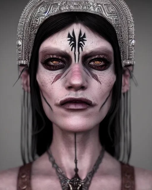 Prompt: beautiful headshot of the aztec witch of occult, realistic render, unreal engine, cgsociety, trending on deviantart, cinematic lighting, highly detailed