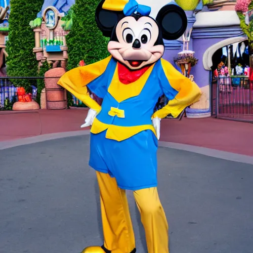 Image similar to high quality photo of a disneyland costumed character being rude to park guests, high definition