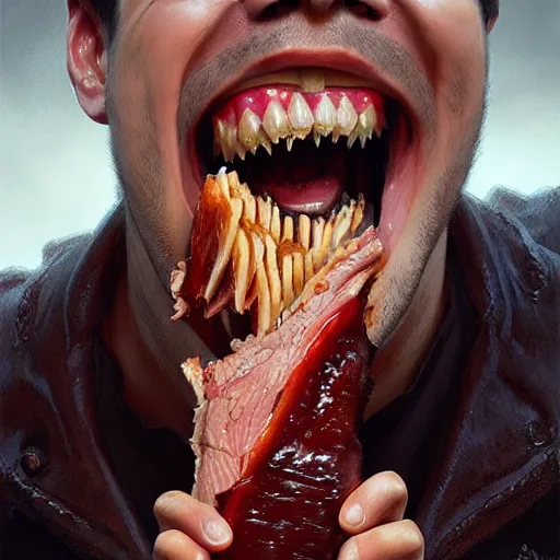 Image similar to Luis Suarez with vampire teeth eating BBQ ribs, closeup, D&D, fantasy, intricate, elegant, highly detailed, digital painting, artstation, concept art, matte, sharp focus, illustration, art by Artgerm and Greg Rutkowski and Alphonse Mucha