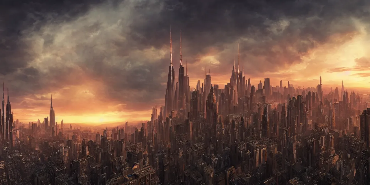 Image similar to sifi - ci city sunset, new york, matte painting with high detail, ground level, sci - fi star wars megacity with dramatic lighting and dramatic sky, 4 k, cinematic cinematography.