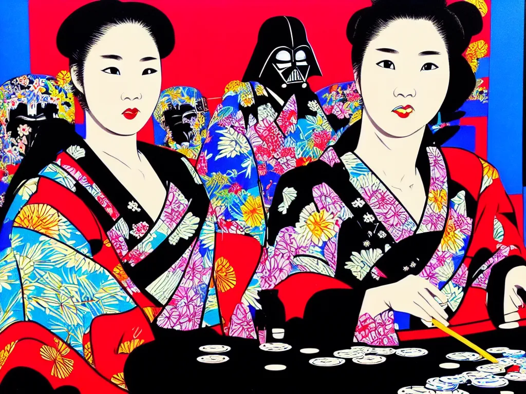 Image similar to hyperrealistic composition of the detailed woman in a japanese kimono sitting at a poker table with detailed darth vader, fireworks, mount fuji on the background, pop - art style, jacky tsai style, andy warhol style, acrylic on canvas