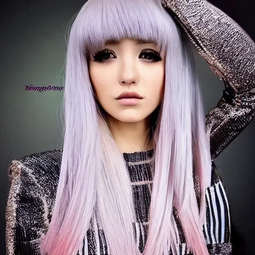 Image similar to avant runway hairstyle professional designer hair bangs, anime stylization, influencer photography, high details