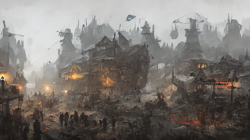 Image similar to view of siege camp, high quality, watercolored, jakub rozalski, dark colours, dieselpunk, artstation